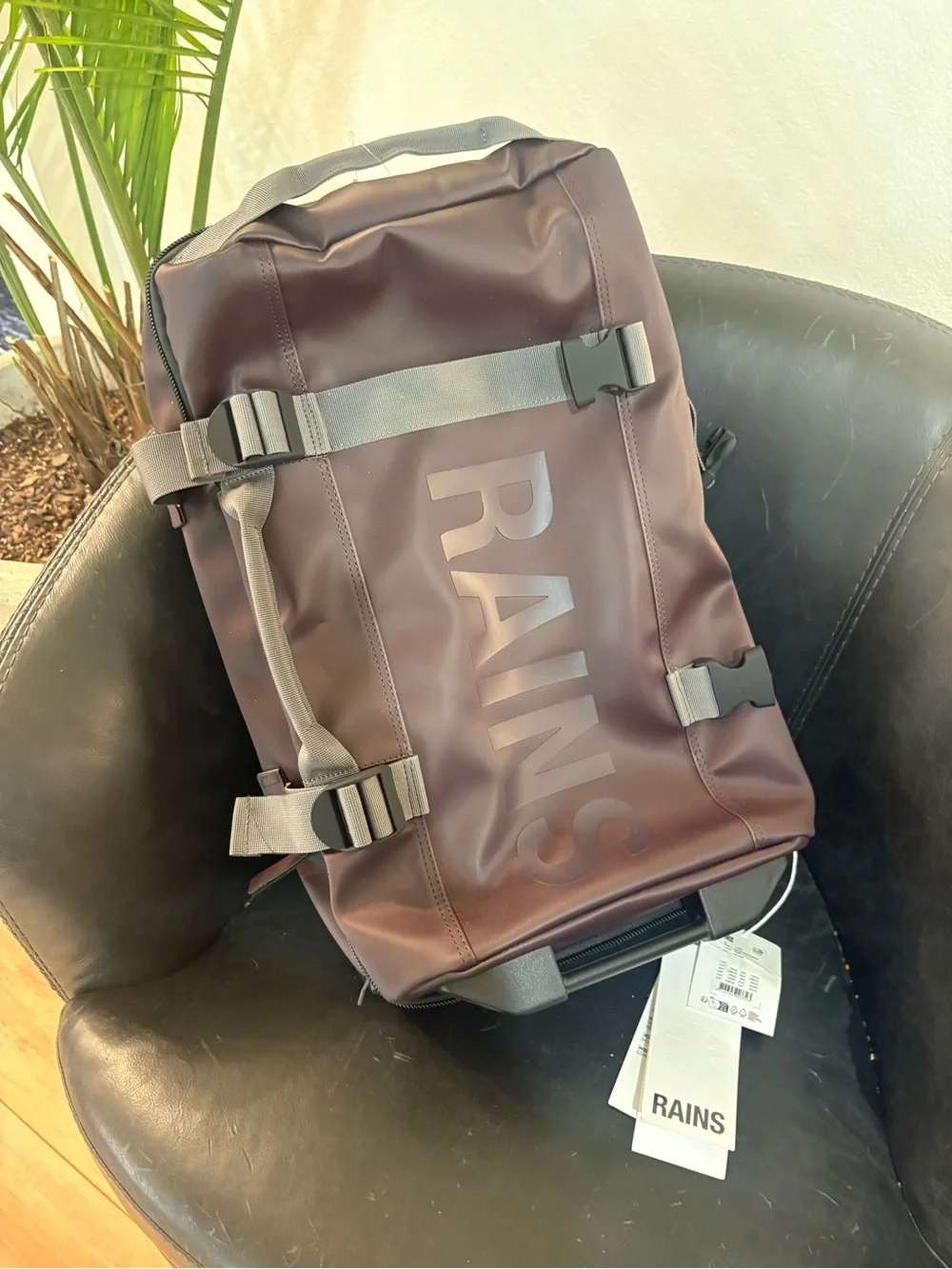 Rains Texel Cabin Bag in Dark Brown with Grey Straps